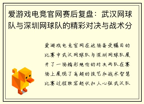 爱游戏电竞官网赛后复盘：武汉网球队与深圳网球队的精彩对决与战术分析