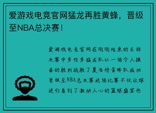 爱游戏电竞官网猛龙再胜黄蜂，晋级至NBA总决赛！